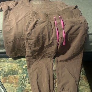 Fig Brown scrubs with Pink Accents